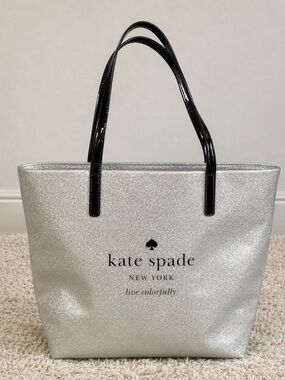 Kate Spade New York Large Silver Glitter Shopper Tote Bag NWOT